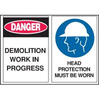 Multiple Warning Signs  - Demolition Work In Progress/Head Protection Must Be Worn