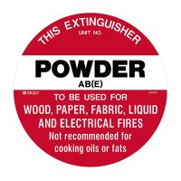 Fire Safety Marker Disc - This Extinguisher Powder AB(E) To Be Used For Wood ... - 200mm Dia, Self Adhesive Vinyl