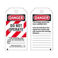 Lockout Tags - Danger Do Not Operate. Reverse Side, 76mm (W) x 140mm (H), Cardstock, Red-White Stripe, Pack of 25